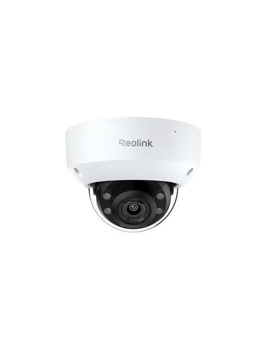 Witte Reolink 8MP PoE dome-beveiligingscamera met zwarte lens en robuuste behuizing voor buiten.