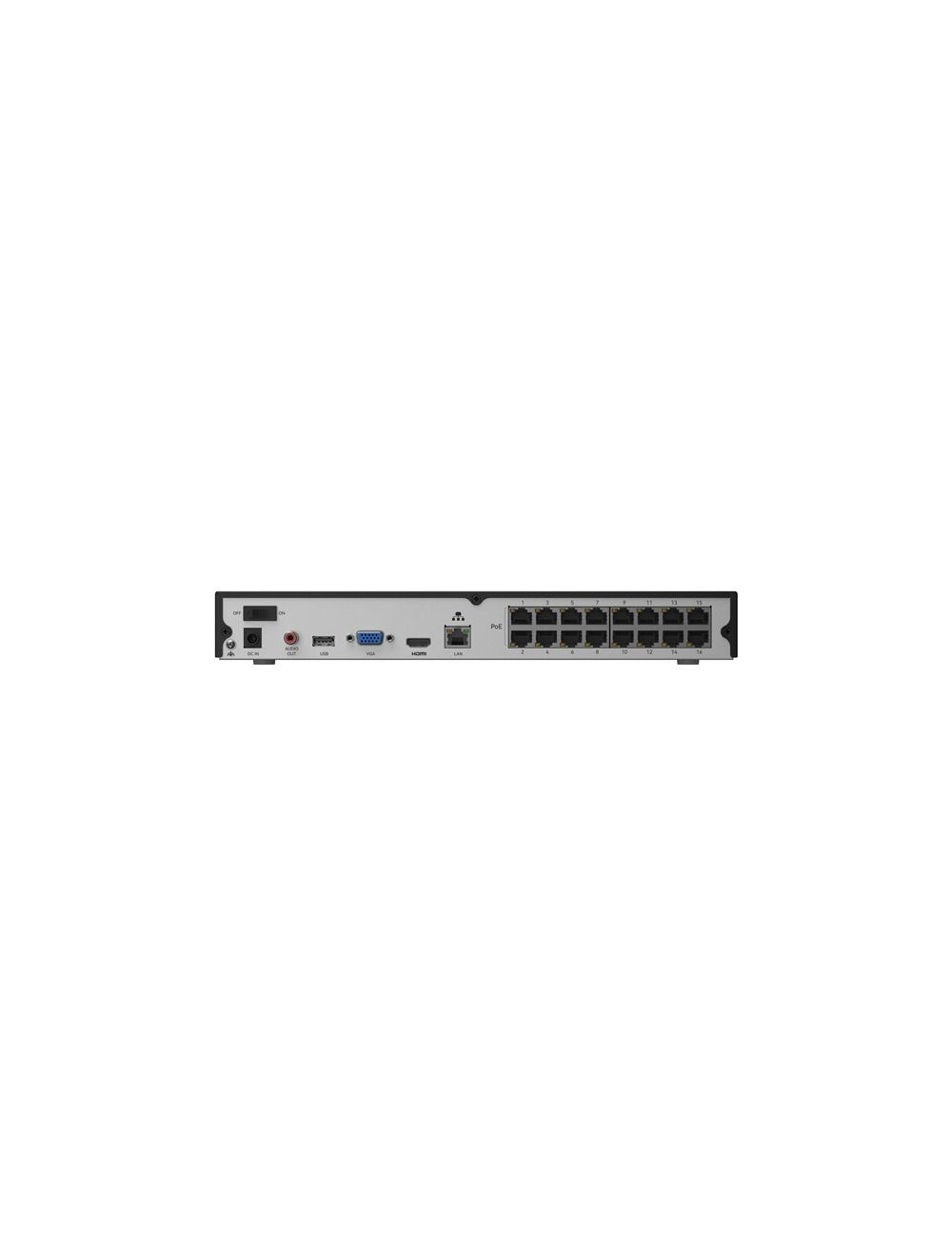 Zwarte Reolink 16-kanaals NVR achterkant met 16 PoE-poorten, HDMI, VGA en USB-aansluitingen.