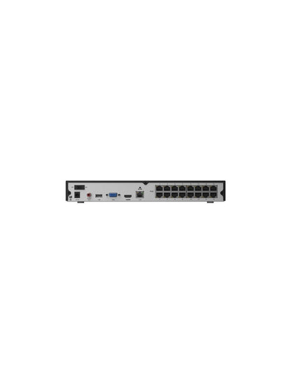 Zwarte Reolink 16-kanaals NVR achterkant met 16 PoE-poorten, HDMI, VGA en USB-aansluitingen.