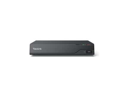 Zwarte Reolink 8-kanaals PoE NVR recorder met USB-poort en statuslampjes op de voorzijde.