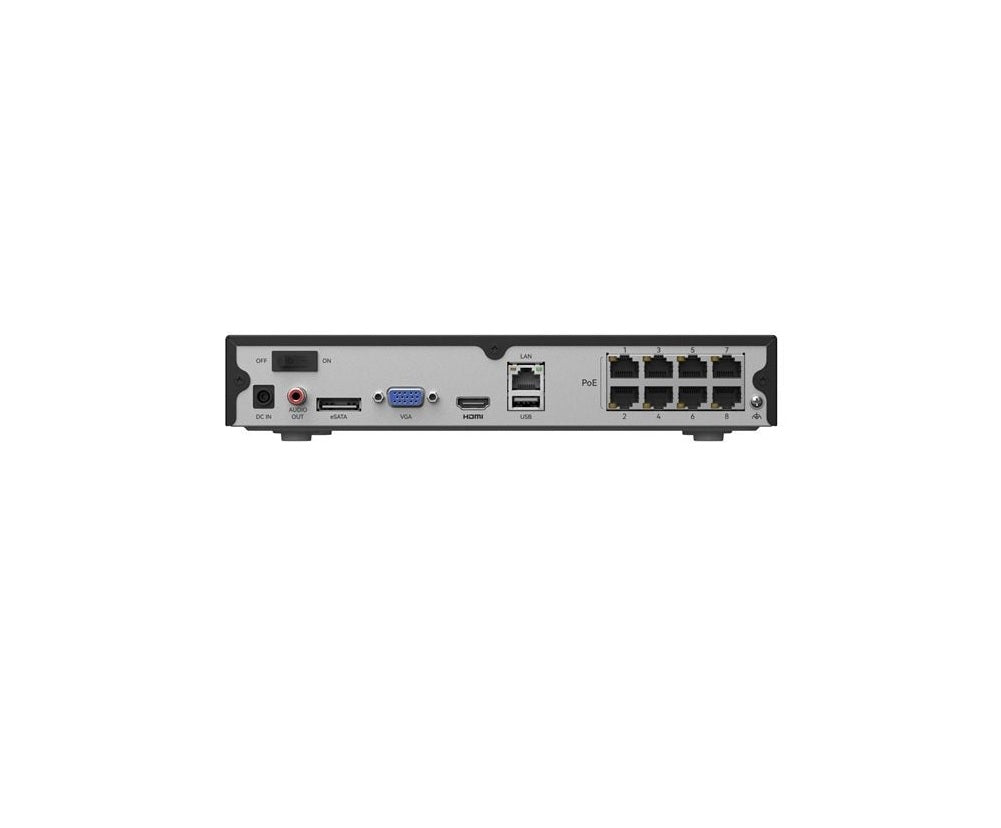 Zwarte Reolink 8-kanaals PoE NVR recorder met acht PoE-poorten, HDMI, VGA en diverse aansluitingen aan de achterzijde.