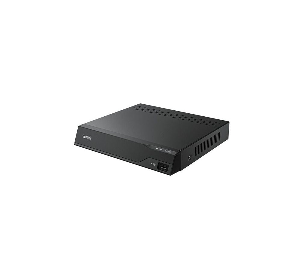 Zwarte Reolink 8-kanaals PoE NVR recorder met strak design, USB-poort en ventilatieopeningen aan de bovenzijde.