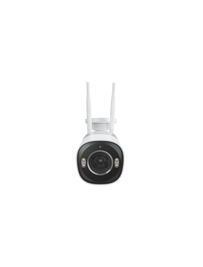 Witte Reolink 8MP WiFi 6 bullet buitencamera met dubbele antennes, optische zoomlens en ingebouwde LED-spotlights.