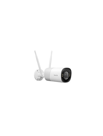 Witte Reolink 8MP WiFi 6 bullet buitencamera met twee antennes, spotlight en 5x optische zoomlens.