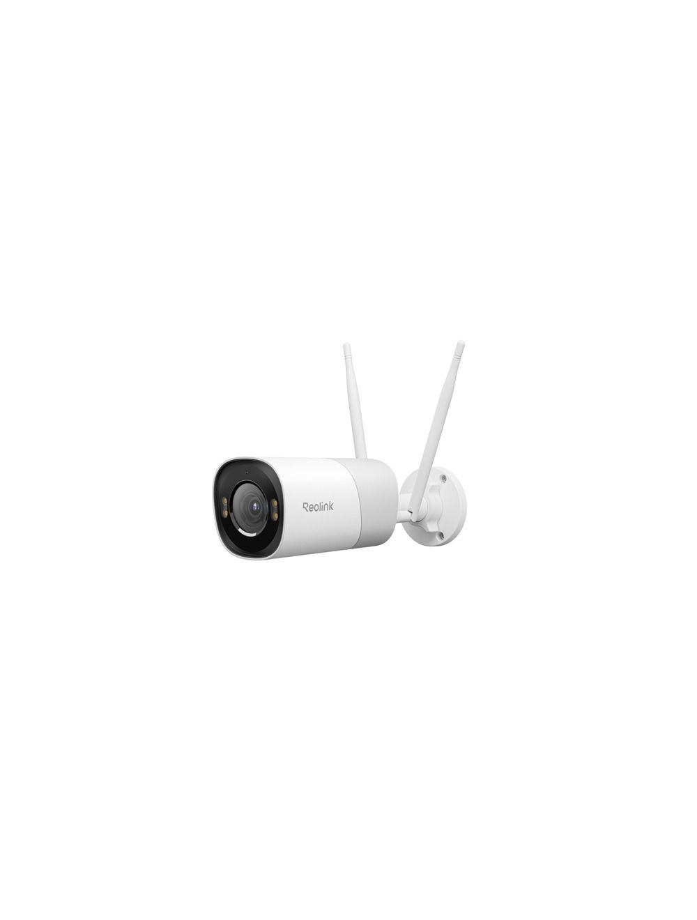 Witte Reolink 8MP WiFi 6 bullet buitencamera met 5x optische zoom en twee antennes op een witte muurbeugel.