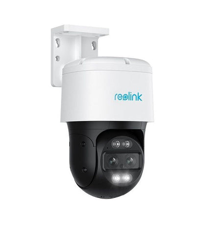 Witte Reolink TrackMix P760 PoE PTZ-camera met dual-lens systeem, zwarte behuizing en ingebouwde spotlights.