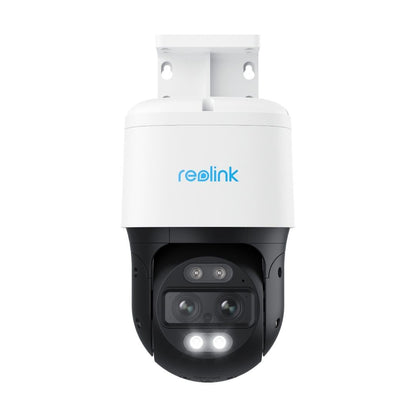 Witte Reolink TrackMix P760 8MP dual-lens PTZ-camera met zwarte behuizing, spotlights en PoE-aansluiting.