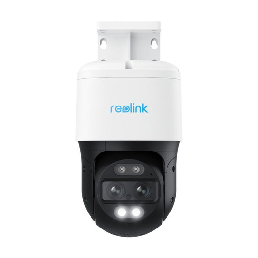 Witte Reolink TrackMix P760 8MP dual-lens PTZ-camera met zwarte behuizing, spotlights en PoE-aansluiting.