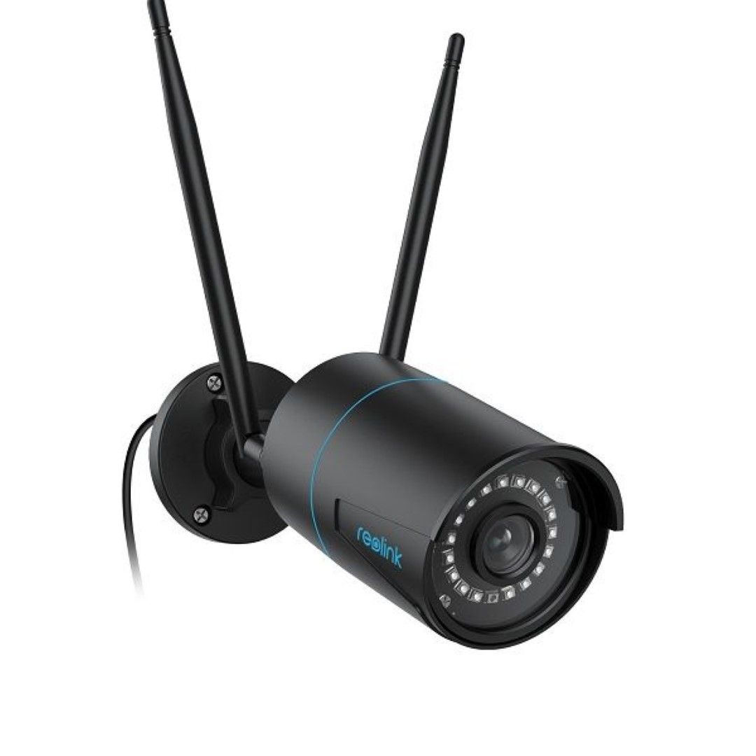 Zwarte Reolink W320 bullet buitencamera met twee WiFi-antennes, 5MP lens en IR-nachtzicht voor buitenbeveiliging.