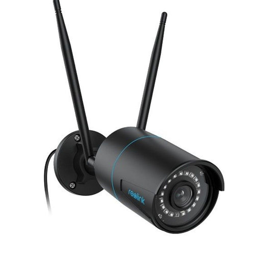 Zwarte Reolink W320 bullet buitencamera met twee WiFi-antennes, 5MP lens en IR-nachtzicht voor buitenbeveiliging.