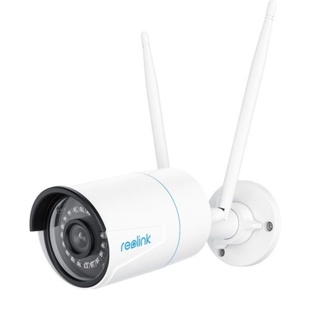 Witte Reolink W320 5MP WiFi bullet buitencamera met twee antennes, zwarte lensrand en wandmontagebeugel.