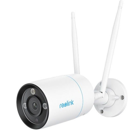 Witte Reolink W330 8MP WiFi 6 bullet buitencamera met dubbele antenne, spotlight en zwarte lensbehuizing.