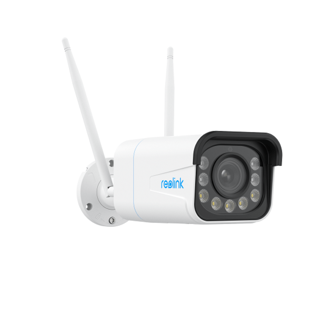 Witte Reolink W430 8MP WiFi bulletcamera met dubbele antenne, 5x optische zoom en ingebouwde spotlight.