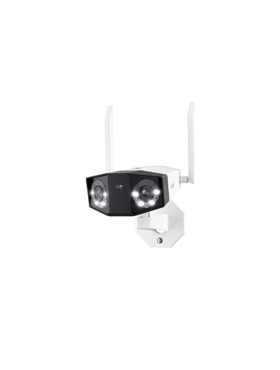 Witte Reolink W730 dual-lens WiFi beveiligingscamera met 180° panoramisch beeld en ingebouwde spotlights.