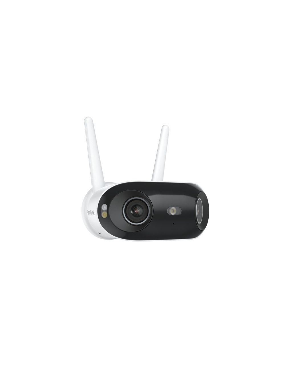 Witte Reolink W740 dual-lens beveiligingscamera met zwarte lensbehuizing, twee antennes en ingebouwde spotlight.