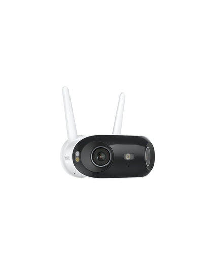 Witte Reolink W740 dual-lens beveiligingscamera met zwarte lensbehuizing, twee antennes en ingebouwde spotlight.