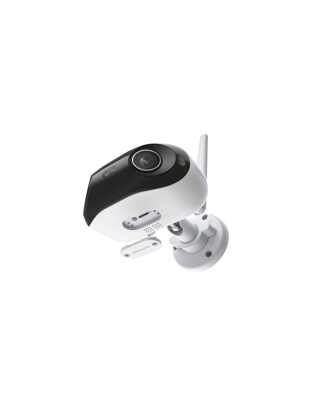 Reolink W740 witte dual-lens WiFi 6 beveiligingscamera met zwarte lensbehuizing en verstelbare muurbeugel.