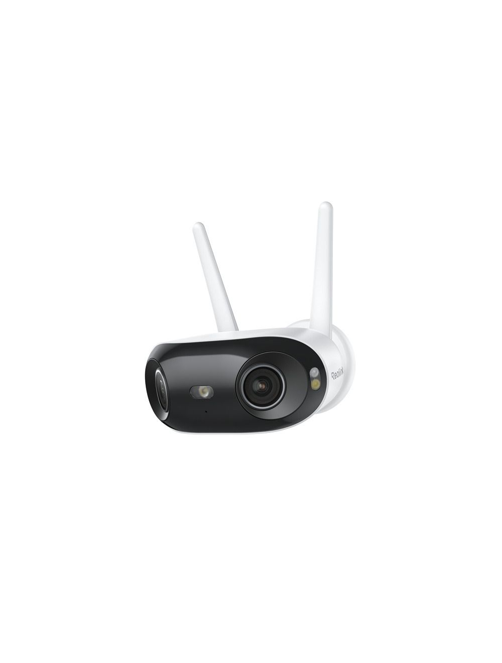Witte Reolink W740 dual-lens bullet camera met zwarte frontplaat, twee antennes en ingebouwde spotlights voor buiten.