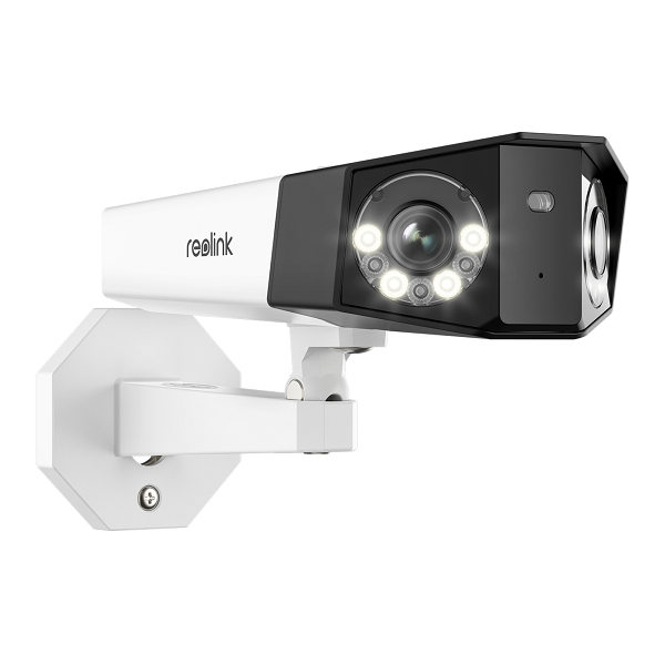 Reolink W750 16MP dual-lens bullet camera in wit en zwart met ingebouwde spotlight en verstelbare muurbeugel.