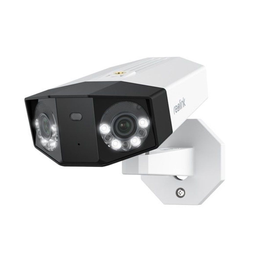 Reolink W750 witte dual-lens bullet camera met 180° panoramisch beeld, spotlights en muurbevestiging.