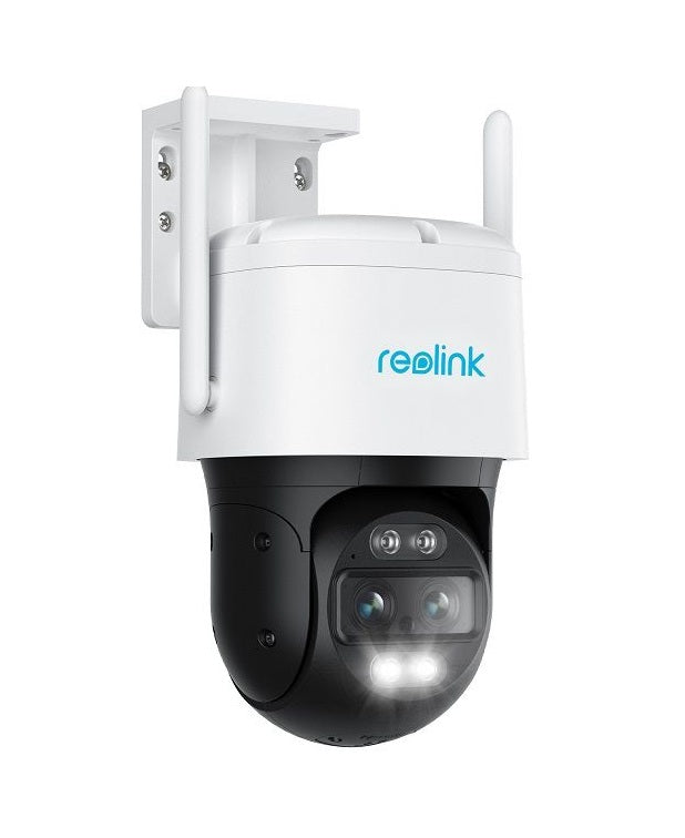 Reolink W760 witte dual-lens PTZ-beveiligingscamera met zwarte behuizing, twee antennes en ingebouwde spotlights.