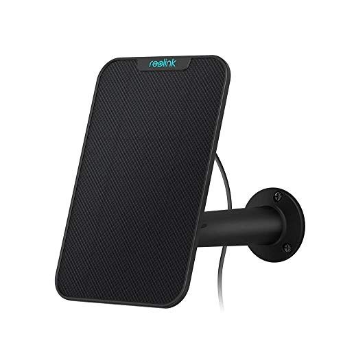 Zwart Reolink Zonnepaneel 2 met USB-C aansluiting en verstelbare muurbeugel voor batterijcamera's.