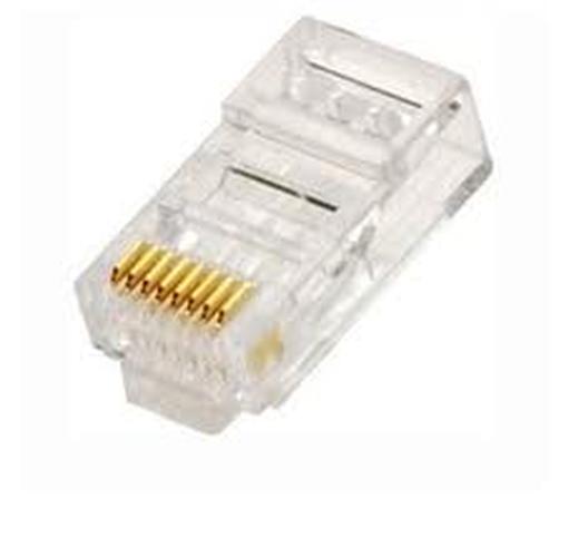 Transparante RJ45 CAT6 connector voor UTP-netwerkkabels met acht gouden contactpunten.