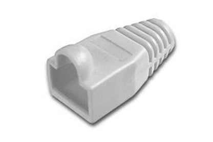 Witte kunststof RJ45 knikbeschermer voor UTP netwerkkabels met geribbeld ontwerp tegen kabelbreuk.