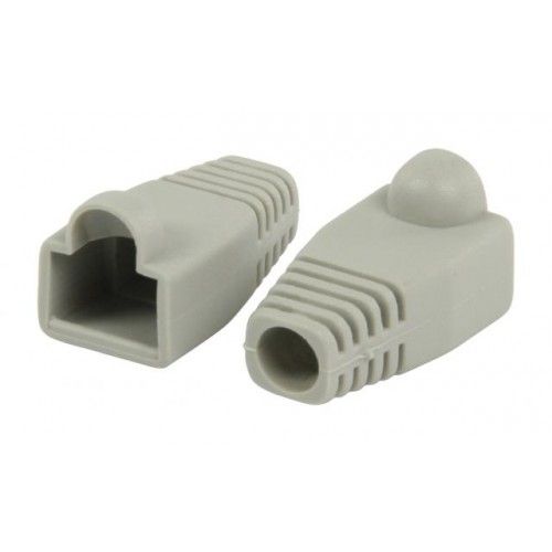 Twee grijze kunststof RJ45 knikbeschermers voor UTP-netwerkkabels met geribbelde trekontlasting.