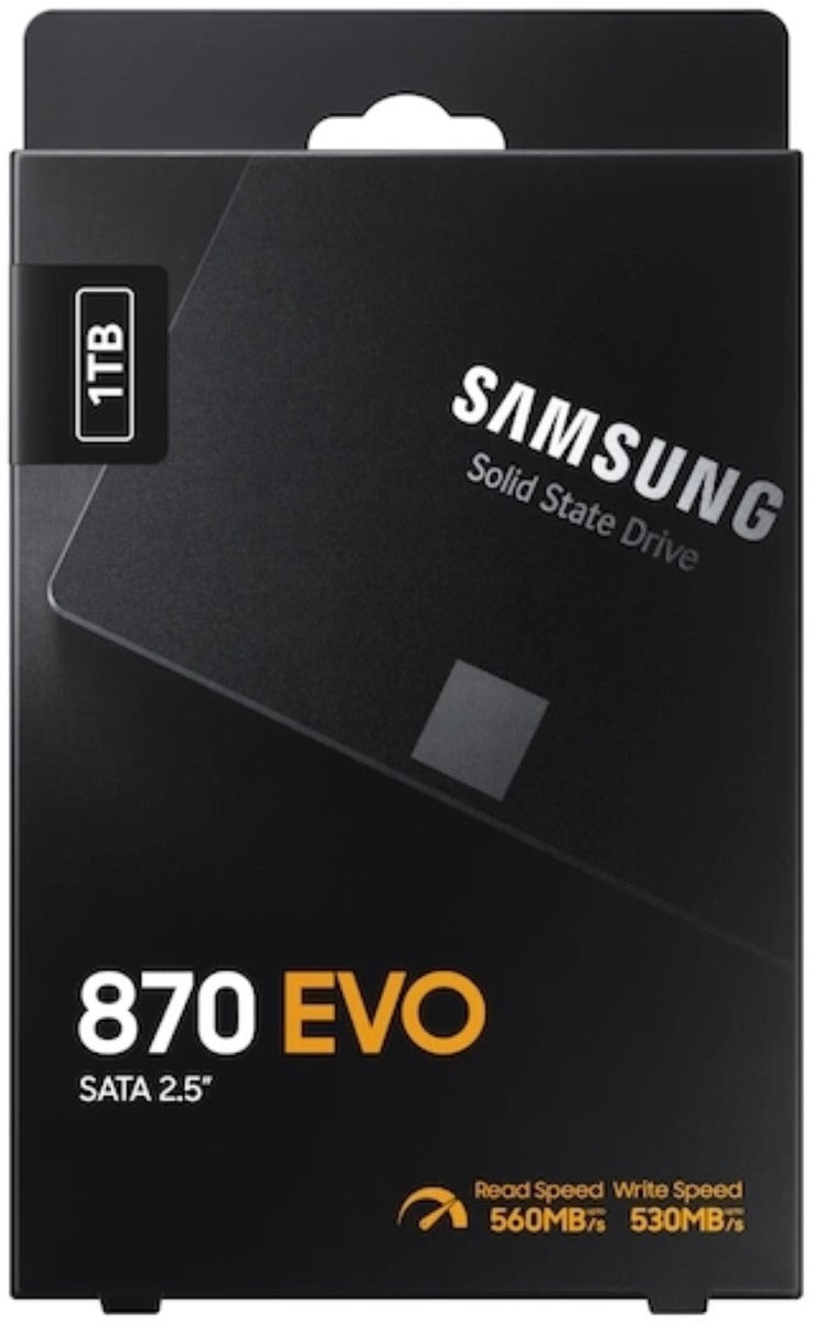 Samsung 870 EVO 1TB SATA 2.5 inch SSD in zwarte verpakking voor Eufy HomeBase 3 opslaguitbreiding.