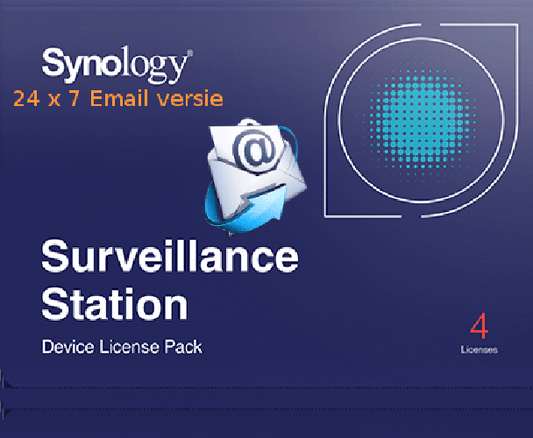 Synology Surveillance Station licentiepakket voor 4 camera's met e-mail icoon op een blauwe achtergrond.