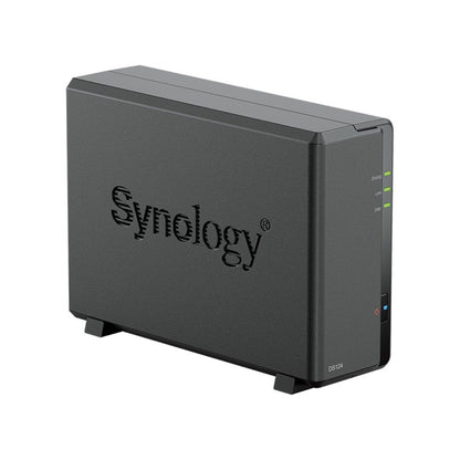 Compacte zwarte Synology DS124 NAS-behuizing met statuslampjes en logo op de zijkant.