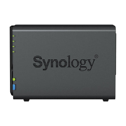 Zwarte Synology DiskStation DS223 NAS met twee sleuven, statuslampjes en een strak, compact ontwerp.