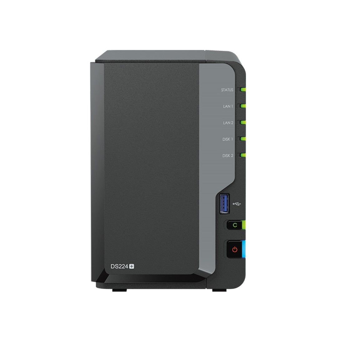 Zwarte Synology DS224+ 2-bay NAS met statuslampjes, USB-poort en aan-uitknop op een strakke behuizing.