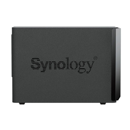 Zwarte Synology DS224+ 2-bay NAS met gestroomlijnd mat ontwerp en glanzend zijpaneel.