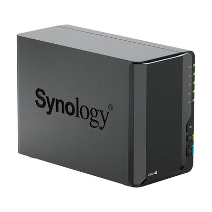 Zwarte Synology DS224+ 2-bay NAS met led-indicatielampjes en een strak, compact behuizingsontwerp.