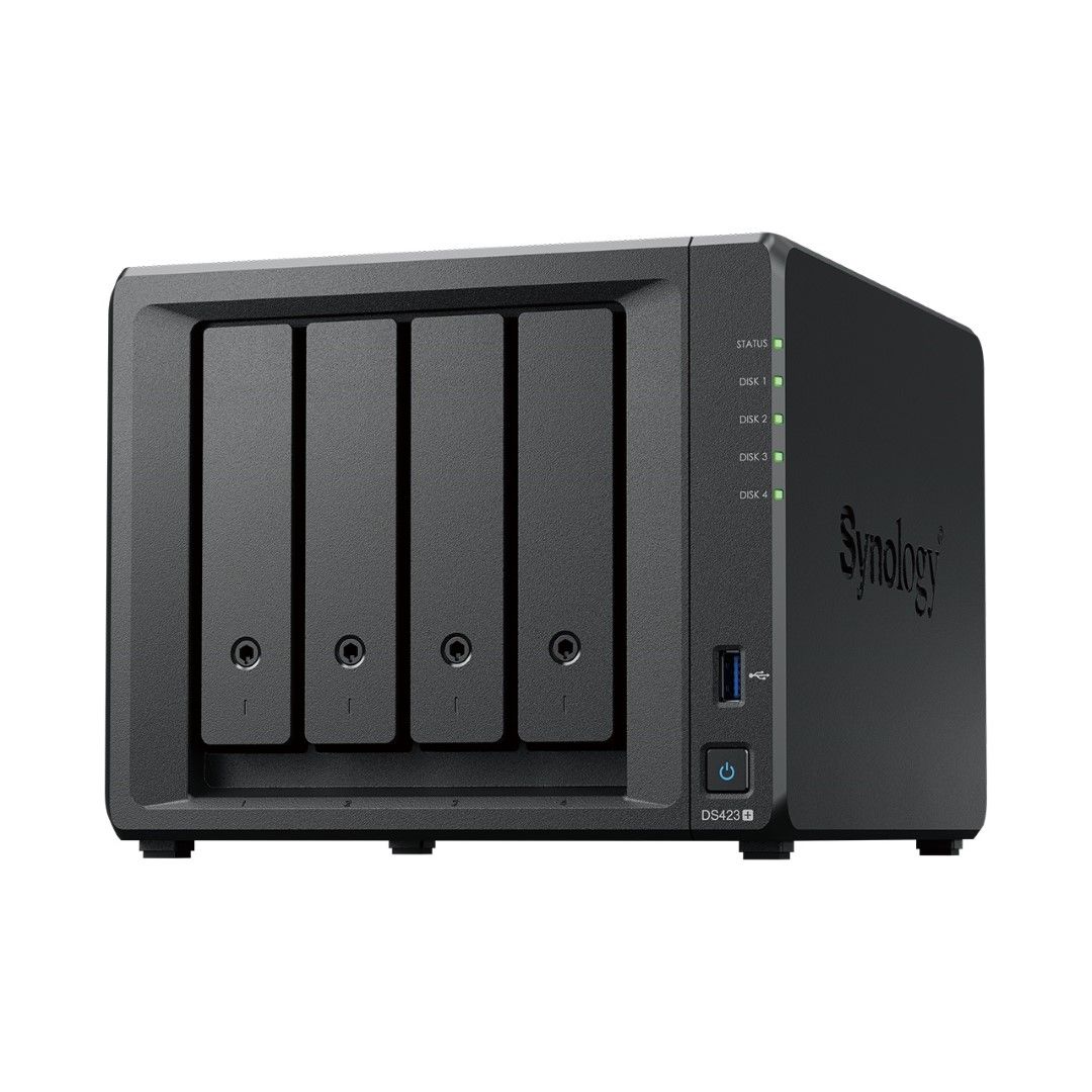 Zwarte Synology DiskStation DS423+ NAS met vier schijfsleuven, statuslampjes en USB-poort op een witte achtergrond.
