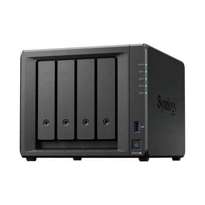 Zwarte Synology DiskStation DS423+ NAS met vier schijfsleuven, statuslampjes en USB-poort op een witte achtergrond.