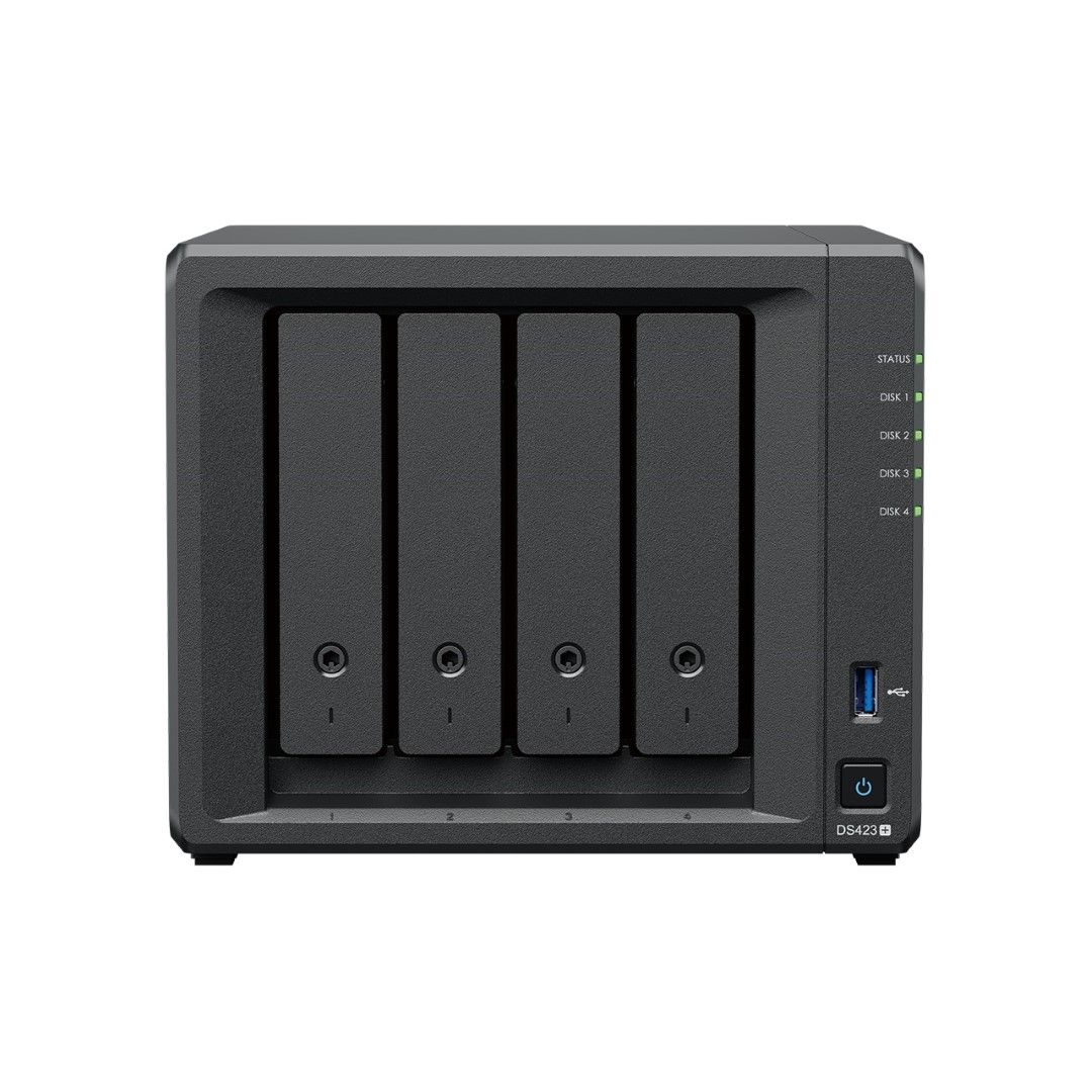 Zwarte Synology DiskStation DS423+ NAS met vier schijfsleuven, statuslampjes en USB-poort aan de voorzijde.