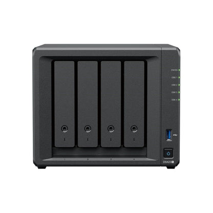 Zwarte Synology DiskStation DS423+ NAS met vier schijfsleuven, statuslampjes en USB-poort aan de voorzijde.