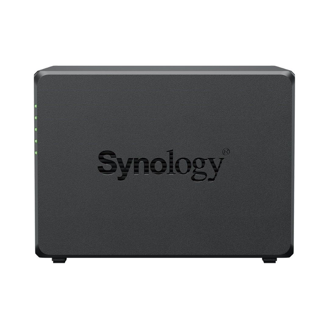 Zwarte Synology DiskStation DS423+ NAS met vier sleuven en een strak, mat ontwerp met groene statuslampjes aan de zijkant.