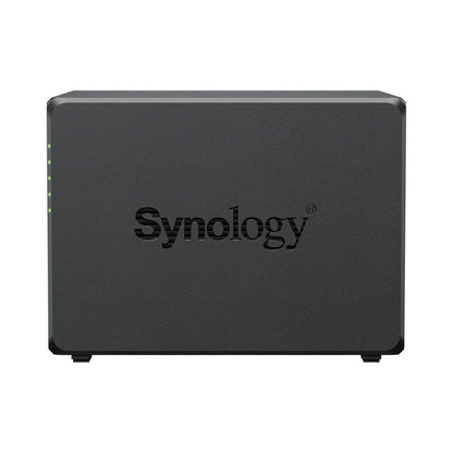 Zwarte Synology DiskStation DS423+ NAS met vier sleuven en een strak, mat ontwerp met groene statuslampjes aan de zijkant.