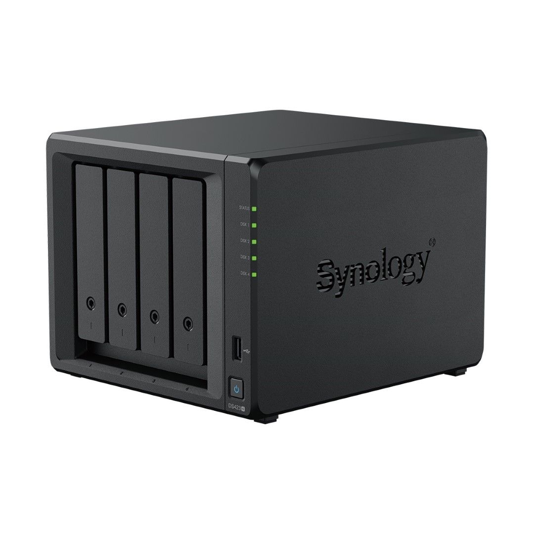 Zwarte Synology DiskStation DS423+ NAS met vier schijfslots, statuslampjes en een USB-poort aan de voorzijde.