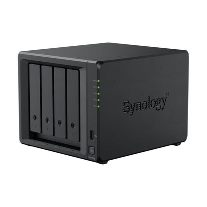 Zwarte Synology DiskStation DS423+ NAS met vier schijfslots, statuslampjes en een USB-poort aan de voorzijde.