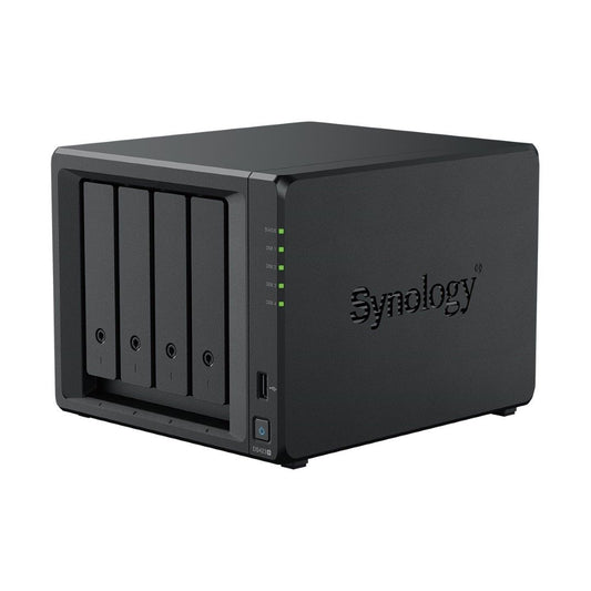 Zwarte Synology DiskStation DS423+ NAS met vier schijfslots, statuslampjes en een USB-poort aan de voorzijde.