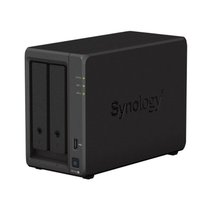 Zwarte Synology DiskStation DS723+ NAS met twee schijfsleuven, statuslampjes en een USB-poort aan de voorzijde.