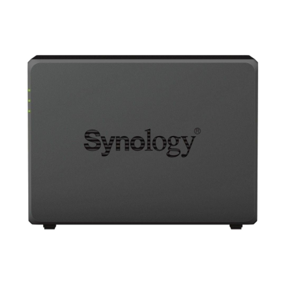 Zwarte Synology DiskStation DS723+ NAS met twee schijfsleuven en een strak, compact behuizingsontwerp.
