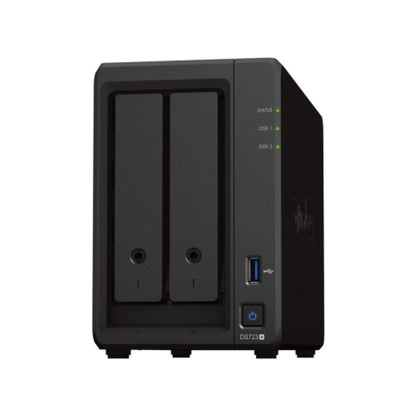 Zwarte Synology DiskStation DS723+ NAS met twee schijfsleuven, statuslampjes en een USB-poort aan de voorzijde.