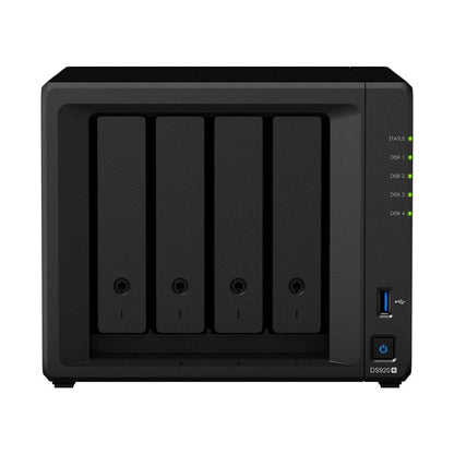 Zwarte Synology DiskStation DS923+ NAS met vier schijfposities, statuslampjes en een USB-poort aan de voorzijde.