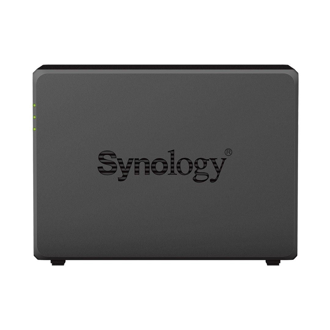 Zwarte Synology DVA1622 2-bay desktop NVR met strak design en groene statusindicatielampjes aan de zijkant.